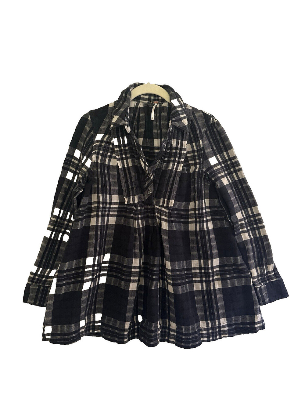 Free People Black white plaid Plain Flannel Pintuck Top XS Flowing bottom